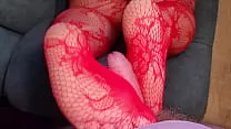 Footjob by BBW Milf in Red Lace Stockings and Black Panties