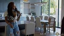 Gorgeous ebony August Skye sucks and rides a hard rock cock in cowgirl style