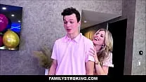 FamilyStroking - Big Tits Stepmom And Skinny Teen Stepdaughter Surprise Threesome For Stepbrother On His Bday - Cory Chase, Claire Roos