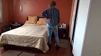 Great cumshot on stepmom's wonderful ass with her jeans on, two cameras recording it