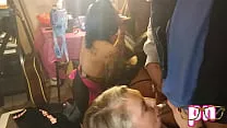 4 sluts take on many dicks and loads at Birthday party