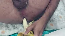 Foonky with big dick and pink ass fucked by cucumber and banana